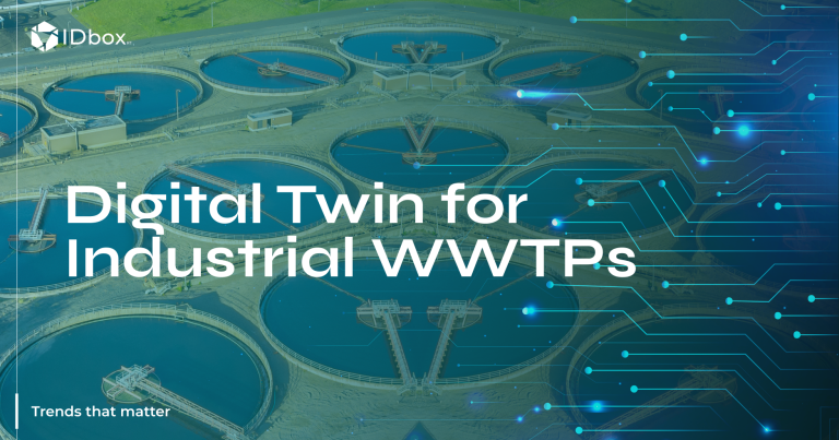 Illustration with technological background showing WWTP plants and digital vectors representing a digital twin to optimize industrial water treatment.