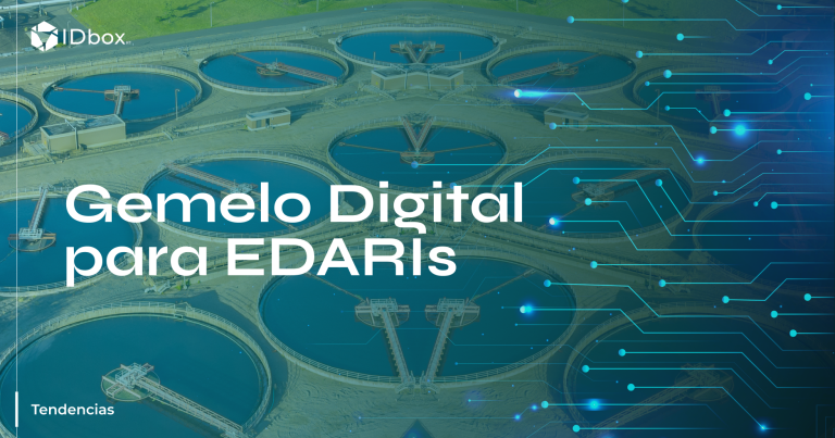 Ilustración con fondo tecnológico que muestra plantas EDARIs y vectores digitales representando un gemelo digital para optimizar el tratamiento de aguas industriales.