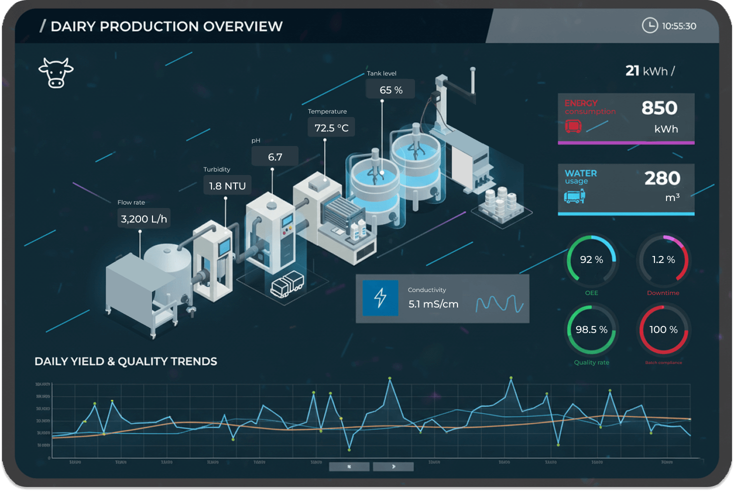 Food manufacturing production overview with connected assets and performance monitoring