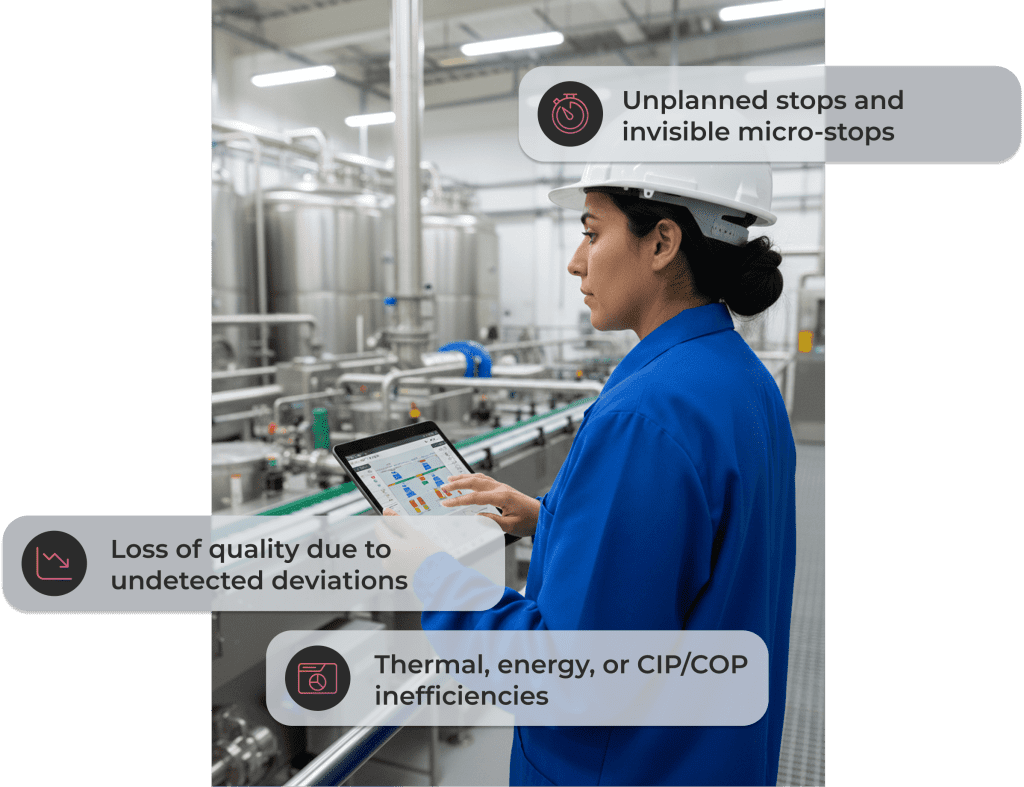 Food and beverage production operator detecting quality deviations and micro-stops on the production line